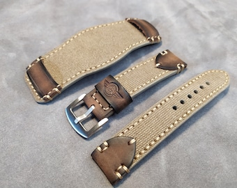 Handmade Vintage Aviator Bund Watch Strap: Canvas & Leather Cuff (18/20/22/24mm)