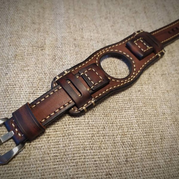 BundStrap.Leather Watch Band.Cuff strap.Samsung Galaxy Watch strap.Smart watch strap.Handmade 20,22,24,26mm.Vintage brown color.