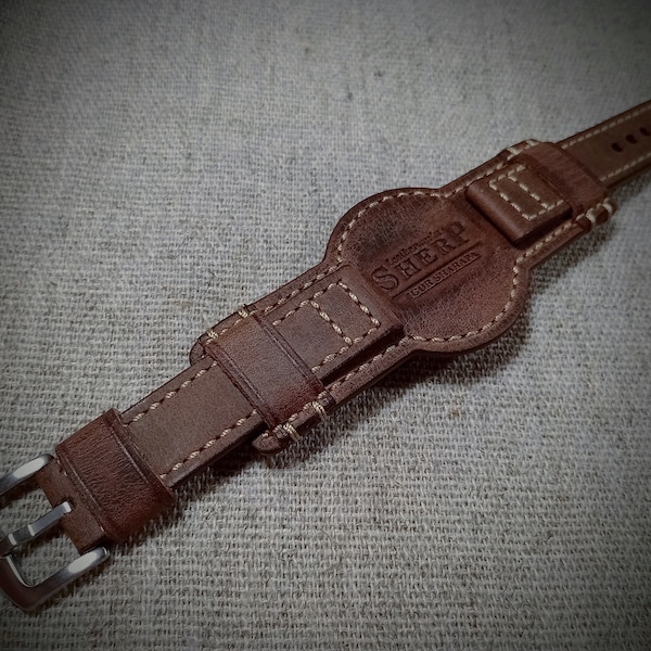 BundStrap.Bande de montre en cuir.Bracelet de montre en cuir.Bracelet de manchette.Style vintage fait main.20,22,24mm.Cuir marron.Fil clair.Base ronde.