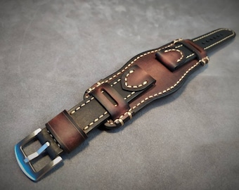 BundStrap.Leather Watch Band.Leather watch strap.Cuff strap.Handmade minimalist vintage  style.18,20,22,24mm.Dark brown and black leather.