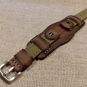 Correa de reloj Bund hecha a mano: cuero marrón y lona militar, estilo aviador vintage (18/20/22/24 mm)
