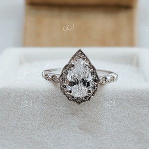 Anel de noivado vintage de 2,0 CT com diamantes em forma de pêra branca em prata esterlina 925, anel de noivado antigo, anel de halo, anel art déco, presente para esposa