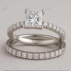 Solitaire 1.60 Ct White Princess Cut Diamond Engagement Wedding Ring Set In 925 Sterling Silver,Bridal Ring Set With Pave Band,Wedding Ring