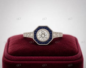 Anello di fidanzamento vintage edoardiano degli anni '30 con diamante rotondo bianco da 2,20 ct, anello di fidanzamento antico, anello Art Déco, anello in filigrana, anello con zaffiro blu