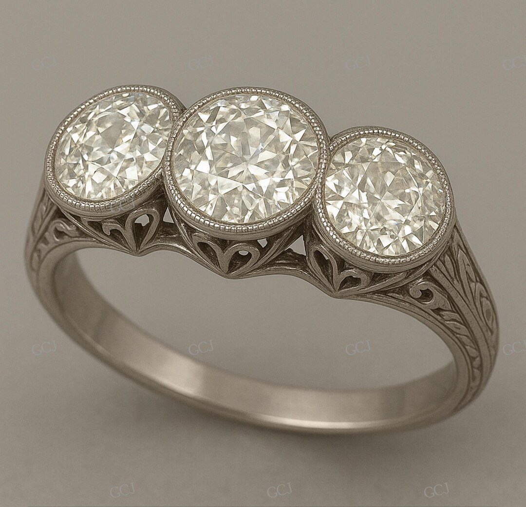 Vintage Three Stone Diamond Engagement Ring • Antique Style Art Deco ...