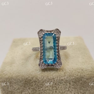 Vintage 3.0 CT Emerald Cut Aquamarine Vintage Antique Art Deco Engagement Ring Aqua Solitaire Ring Bezel Ring Cocktail Ring,Gift For Her