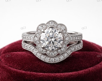Art Deco 2.0 CT White Round Wedding Engagement Ring Set In 925 Sterling Silver,Moissanite Engagement Ring,Vintage Wedding Ring
