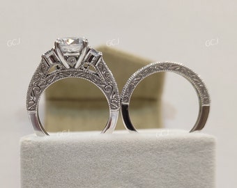 Vintage Engagement Ring,Art Deco 2.0CT White Round Wedding Engagement Ring Set Sterling Silver,Moissanite Engagement Ring,Blue Sapphire Ring