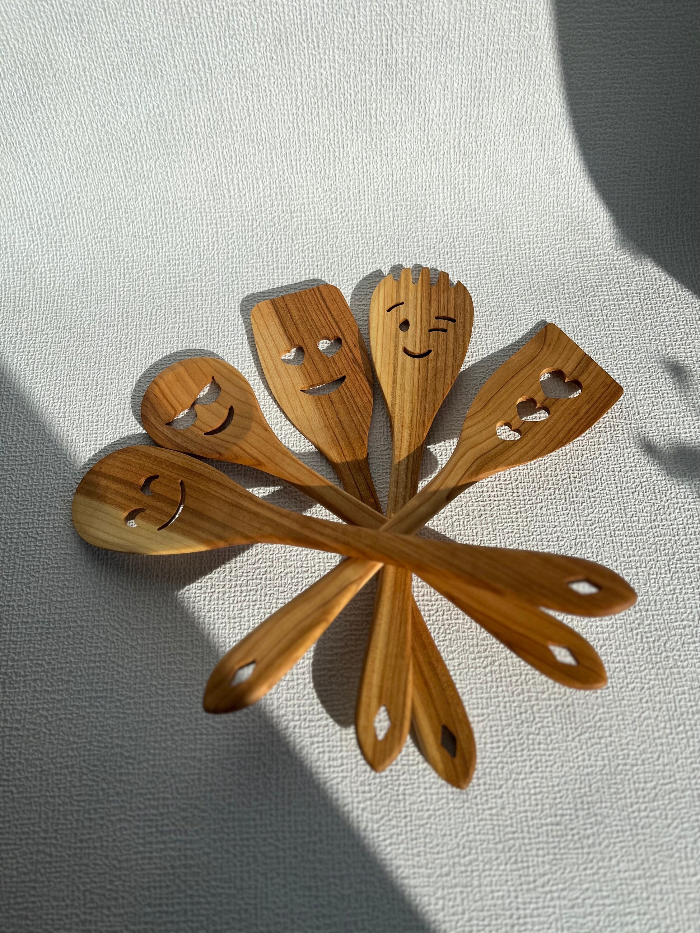 Set of 5 Cherry Wood Utensils | Handmade Wooden Utensils | Natural Wood Kitchen Accessories | Wooden Spatula