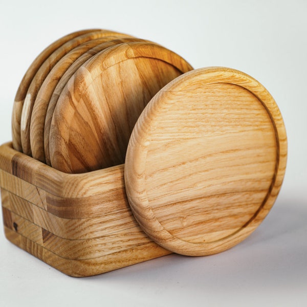 Lot de 6 sous-verres en bois de frêne + boîte en bois de frêne