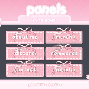 Op de afbeelding: Roze Twitch-panelen met schattige strikjes en tekst die zegt "over mij", "merchandise", "discord", "commando's", "contact" en "social media".