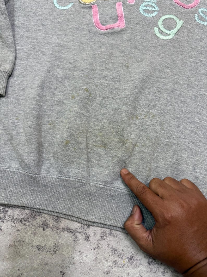 May include: A gray sweatshirt with the embroidered text "cute things" in pastel colors. The sweatshirt has a ribbed hem and cuffs. There are some stains on the front of the sweatshirt.