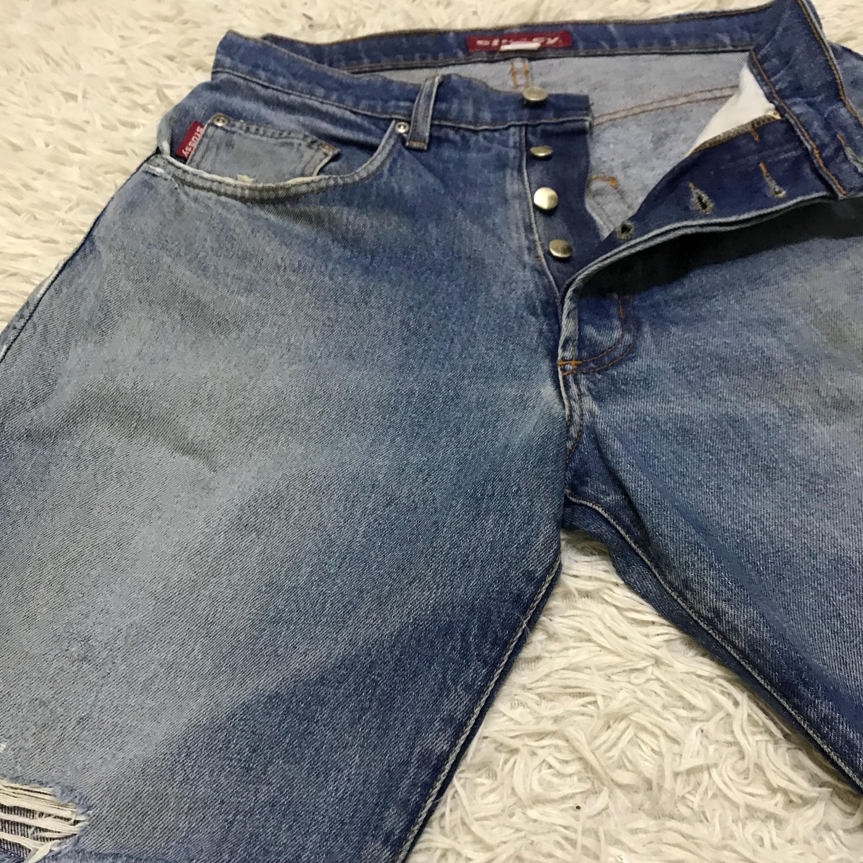 Rare Vintage 90s Stussy Denim Jeans Short Pants Distressed Custom