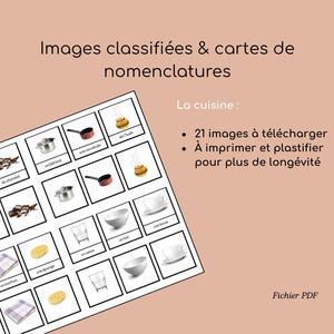 Images classifiées et cartes de nomenclature Montessori –  La cuisine – PDF à télécharger pour enfants