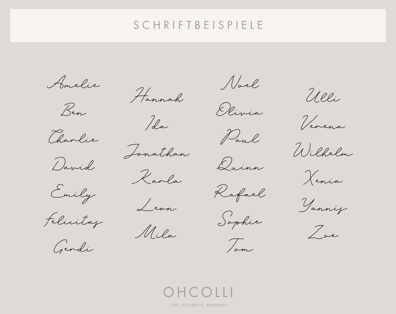 May include: A list of names written in cursive script. The names are: Amelie, Ben, Charlie, David, Emily, Felicitas, Gendi, Hannah, Ida, Jonathan, Karla, Leon, Mila, Noel, Olivia, Paul, Quinn, Rafael, Sophie, Tom, Ulli, Verena, Wilhelm, Xenia, Yannis, and Zoe.