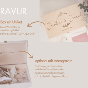 Personalisierte Erinnerungskiste aus Holz mit Innenbeschriftung im Deckel, Erinnerungsbox mit Namen, Erinnerungsbox für Brautpaare, Erinnerungskiste zur Hochzeit, Geschenk zur Hochzeit