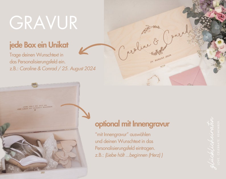 Personalisierte Erinnerungskiste aus Holz mit Innenbeschriftung im Deckel, Erinnerungsbox mit Namen, Erinnerungsbox für Brautpaare, Erinnerungskiste zur Hochzeit, Geschenk zur Hochzeit