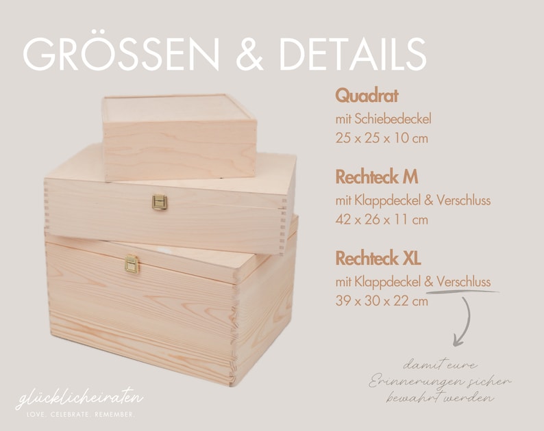 Personalisierte Erinnerungskiste aus Holz in drei verschiedenen Größen, Erinnerungsbox mit Namen, Erinnerungsbox für Brautpaare, Erinnerungskiste zur Hochzeit, Geschenk zur Hochzeit