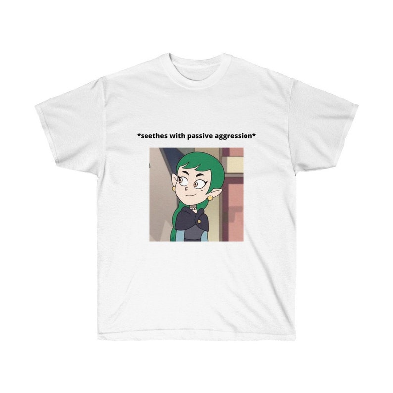 May include: White t-shirt with a cartoon image of a green-haired character with the text "*seething with passive aggression*"