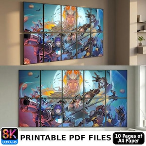 May include: Two sets of framed art prints featuring a fantasy illustration. The artwork depicts characters with weapons, set against a backdrop of a moonlit sky and bats. The text "PRINTABLE PDF FILES" is visible.