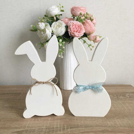 Lapins De Pâques En Bois Élégants – Lot De 2 Décorations Printanières Naturelles Pour Maison Et Jardin