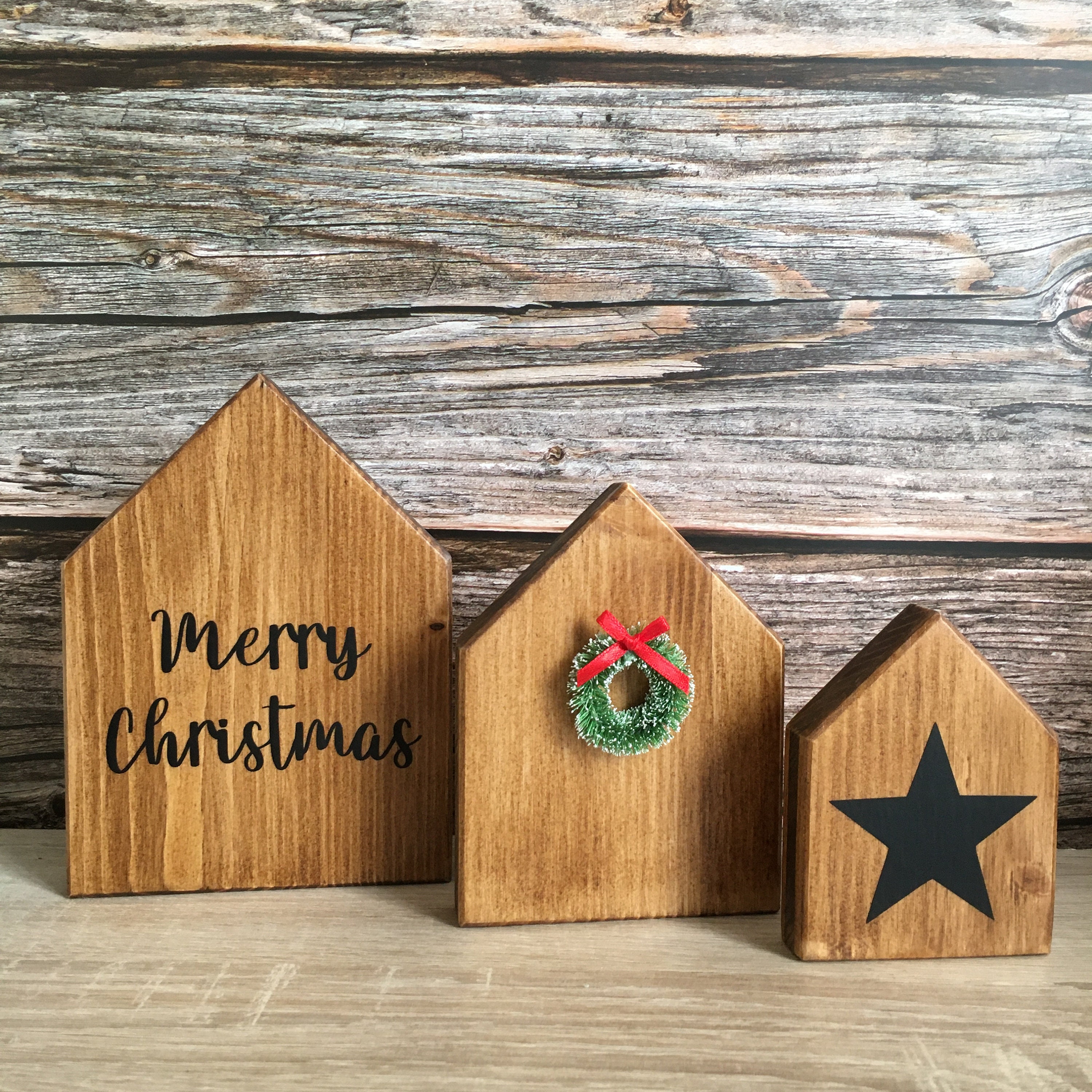 Lot de 3 Petites Maisons Noel en Bois Décoration à Poser Farmhouse Christmas | Livraison Mondial Rel
