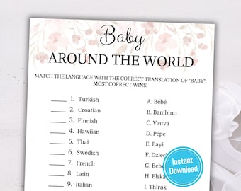 Baby Shower Baby Around The World Game | Say Baby Around The World | Minimalist Baby Language Quiz Game Printable | Instant Download