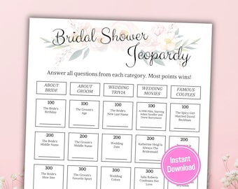 Bridal Shower Jeopardy | Printable Jeopardy Card | Wedding Party | Bachelorette Party | Minimalist Bridal Shower | Instant Download