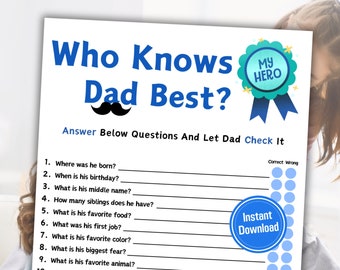 Who Knows Dad Best | Fathers Day Who Knows Daddy Best Game | Printable Party Game For Dads | Fun Fathers Day Printable Game | Funny Dad Quiz