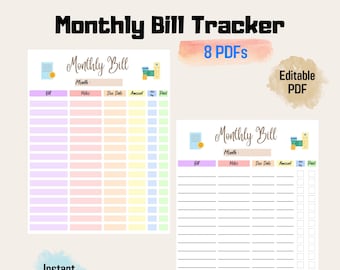 Monthly Bill Payment Tracker Rainbow Color, Expense Tracker, Editable Bill Planner, Bill Pay Checklist Organizer, Bill Log, Instant Download