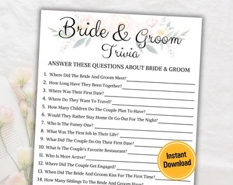Może przedstawiać: Drukowana gra na wieczór panieński zatytułowana "Bride & Groom Trivia". Gra zawiera 18 pytań o pannę młodą i pana młodego, takich jak miejsce, w którym się poznali, ich pierwsza randka i ich ulubiona restauracja. Gra jest przeznaczona do gry na wieczór panieński lub wieczór kawalerski.