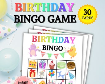 30-årsdagsbingospel | Födelsedagsfestaktiviteter och spel för barn och vuxna | Födelsedagsfestbingo | Utskrivbart födelsedagsspel