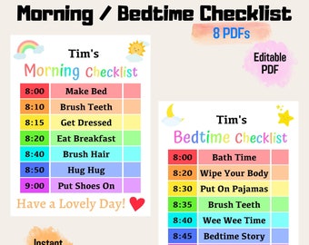 Editable Kids Morning And Bedtime Checklist Rainbow Color | Cute Printable Checklist | Kids Daily Routine Chart | Kids Schedule Printable