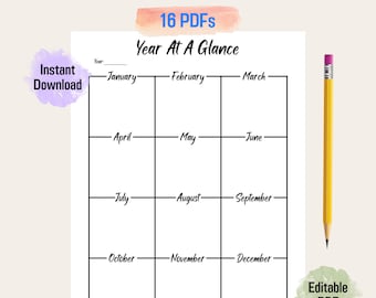 Year at a Glance Planner For Edit Cool Color Tone, 2023 Calendar, 2024 Calendar, Year at a Glance, Planner Refills, Printable Planner Insert