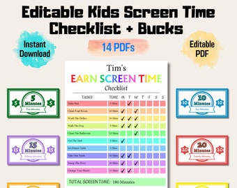 Editable Screen Time Checklist + Screen Bucks For Kids & Teens, Daily Checklist, Screen Time Rules, Reward Bucks, Instant Download PDF