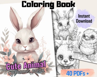 20 Cute Baby Animals Coloring Book, Adults + Kids Instant Download Grayscale Coloring Page, Digital Coloring Pages (Printable, PDF Download)