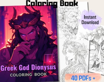 Libro para colorear de 20 páginas en escala de grises del dios griego Dioniso. Relajante y terapéutico. Inspirado en la mitología griega. Descarga instantánea. PDF imprimible.