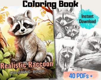 20 Realistic Raccoon Grayscale Coloring Book, 20 Detailed Pages For Adults And Kids PDF, Coloring Therapy, Perfect Gift For Raccoon Lovers