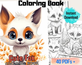 20 Adorable Baby Foxes Coloring Book, Fun & Relaxing Activity For All Age, Grayscale Coloring Page, Animal Coloring Books, Instant Download