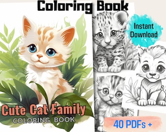 20 Designs Adorable Baby Cat Family Coloring Page Book, Printable Adult Coloring Pages, Digital Coloring Pages (Printable, PDF Download)