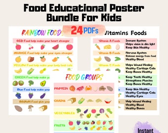 Pacote de pôsteres de comida infantil divertidos e educativos para impressão | Ensine hábitos alimentares saudáveis | Perfeito para sala de aula, sala de jogos, decoração de casa ou cozinha