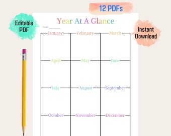 Editable Year at a Glance Planner Rainbow Color Tone, Planner Refills, Printable Planner Inserts, Year Calendar 12 months, PDF Download