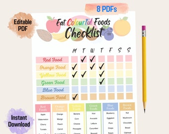 Eat Colourful Foods Checklist, Eat Colorfully, Eat The Rainbow Chart, Nutritious Foods List, Healthy Eating Checklist, Printable & Reusable
