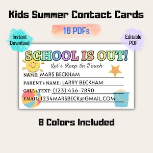 Tarjeta de contacto de verano para niños imprimible editable, tarjetas de fin de escuela para niños, tarjeta de llamada con fecha de juego, tarjetas para mantenerse en contacto, tarjetas de vacaciones escolares