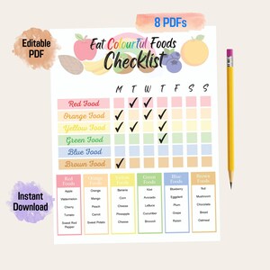Checklist voor kleurrijk eten, kleurrijk eten, Eat The Rainbow-diagram, lijst met voedzaam voedsel, checklist voor gezond eten, afdrukbaar en herbruikbaar