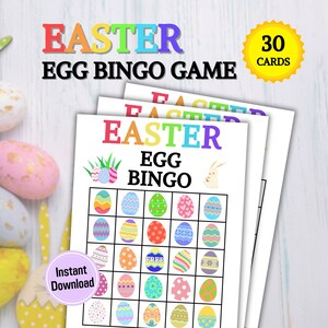 Juego de bingo con 30 huevos de Pascua / Actividad de bingo de Pascua para el aula / Actividad de tableros de bingo de Pascua para niños y adultos / Juego imprimible de Pascua