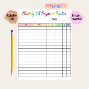 Puede incluir: Un rastreador de pago de facturas mensuales imprimible con columnas para el nombre de la factura, notas, fecha de vencimiento, monto, pago automático y pagado. El rastreador tiene un fondo de acuarela arcoíris y el texto "12 PDF" y "Descarga instantánea" en la parte superior.