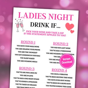 Op de afbeelding: Een roze en witte printbare spelkaart met de tekst "Ladies Night Drink If... Pick your wine and take a sip if the statement applies to you!" De kaart is verdeeld in vier rondes met een lijst van uitspraken voor elke ronde. De uitspraken hebben betrekking op drinken, daten en relaties.