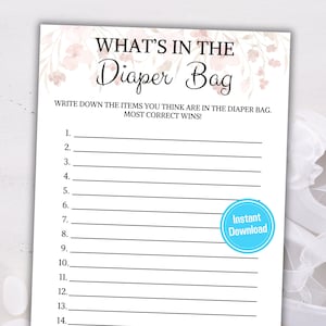 Baby Shower ¿Qué hay en el juego de la bolsa de pañales? / Adivina los artículos en la bolsa de pañales / Juego minimalista de adivinanzas del bebé del pañal / Descarga instantánea