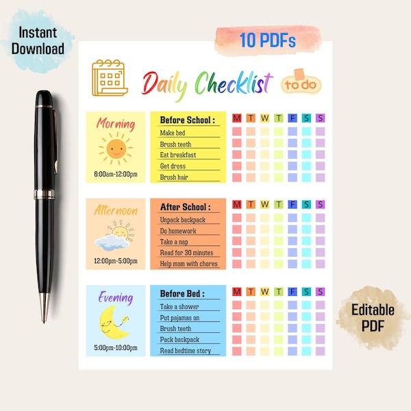 Kids Editable Daily Checklist | Kids Morning/Bedtime Checklist Printable | Daily Routine Chart | Kids Chore Chart | Instant Download PDF